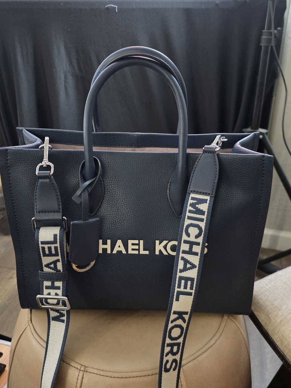 Michael Kors Navy Leather Logo Tote Bag